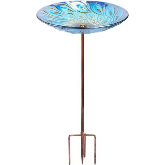 Glass Bird Bath Garden Outdoor Birdbaths Birdfeeder with Metal Stake Peacock